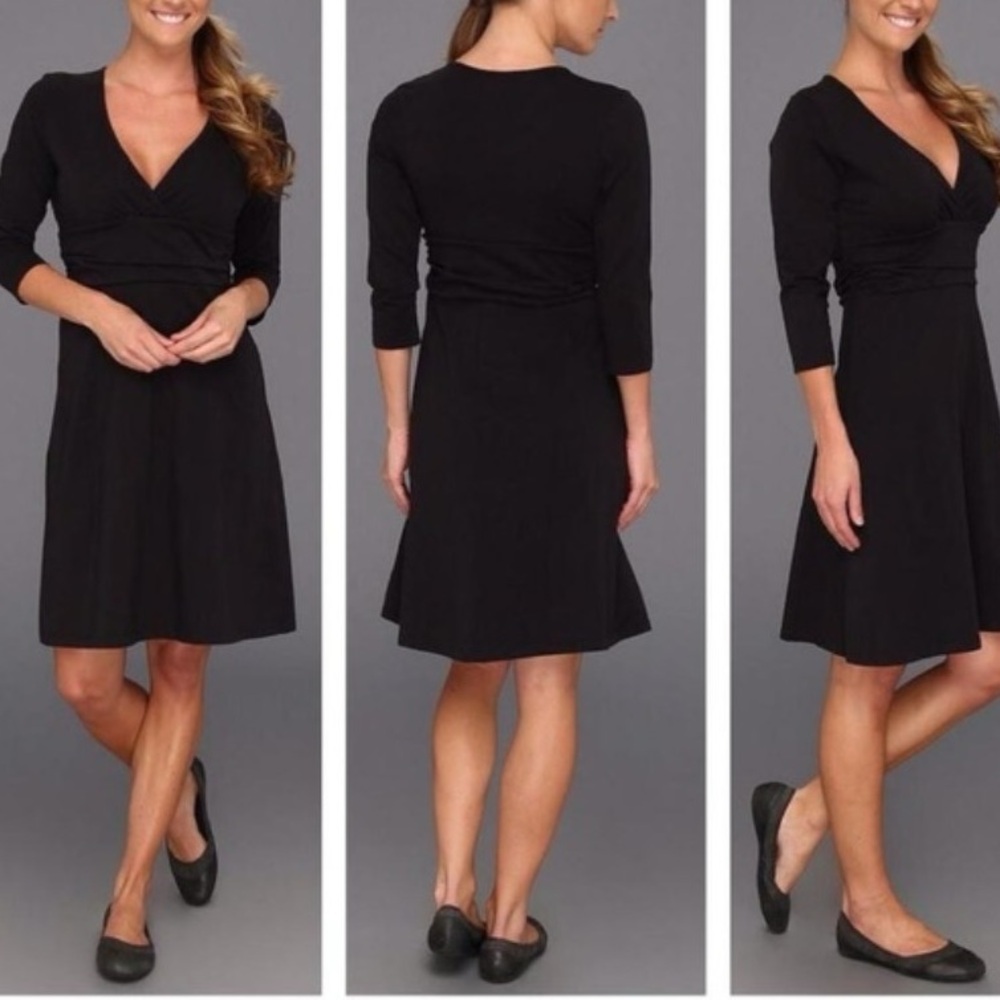Patagonia Black Margot Organic Cotton Blend Outdoor 3/4 V Neck Sleeve Dress